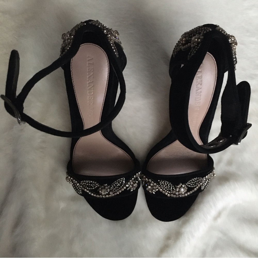 NIB Alexander McQueen Velvet Grosgrain Trim Crystal Embellished Sandals - Picture 6 of 16